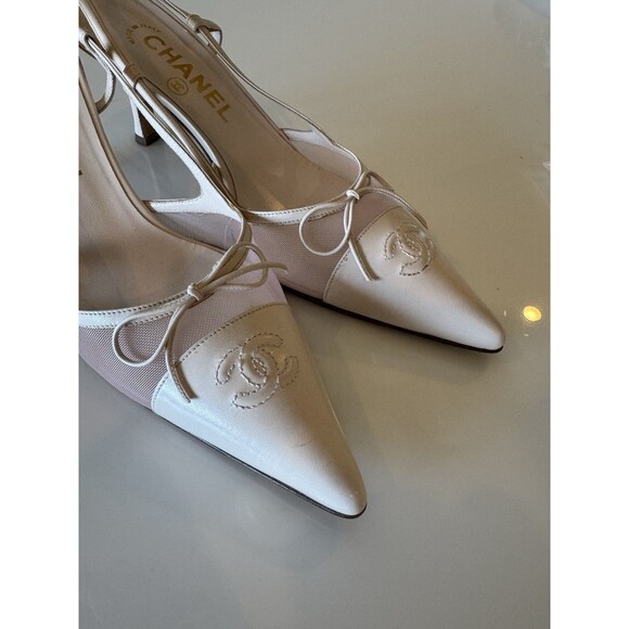 Chanel Iconic "CC" Light Pink Toe Cap Bow Mesh Slingback Heels Italy Size 39 - Picture 7 of 10